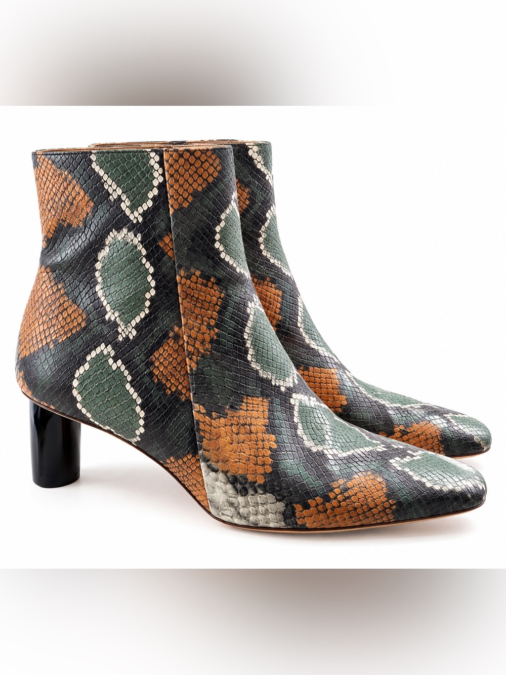 Rejina Pyo Reina Snakeskin Ankle Boots Green Orange Square Toe Sculptural Heel